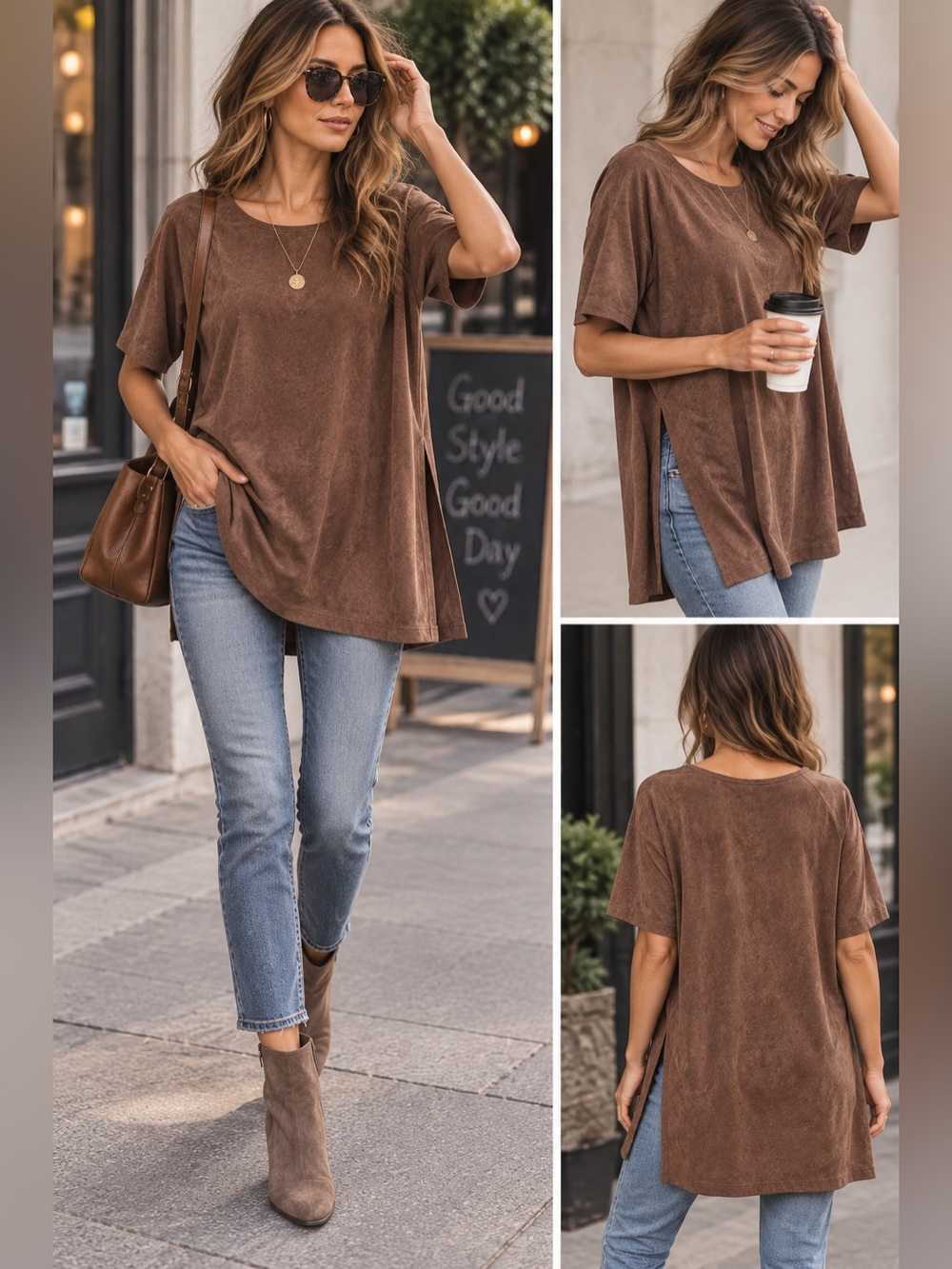 Women’s Relaxed Brown Short-Sleeve Tunic Top in Faux Suede